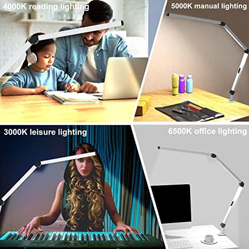 Lâmpada de mesa LED com grampo, lâmpada de mesa leve dupla com braço de balanço ajustável, cuidados oculares 4 modos CCT e 5 níveis