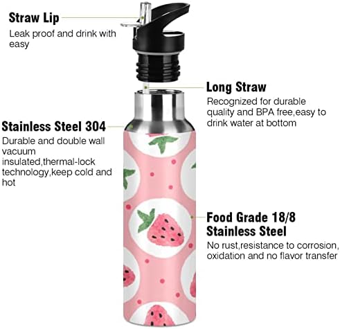 Kigai Strawberry Vacuum Isoled Water Bottle com tampa de palha de 34 onças de parede dupla em aço inoxidável garrafa de água para esporte de viagem, frio quente, sem BPA