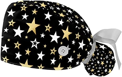 Hohodiy 2 pacotes de trabalho de trabalho com banda de suor de botão, chapéu de trabalho ajustável de estrelas brancas e douradas