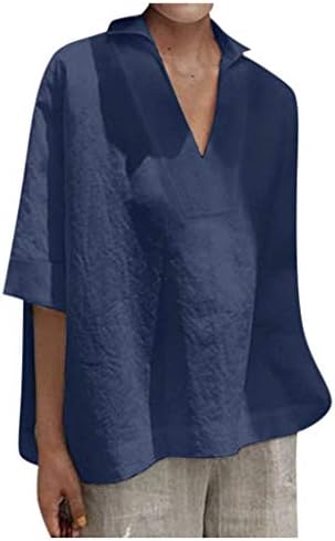 Tampas de linho de algodão plus size para mulheres 3/4 manga V pescoço vintage camisetas de túnica de tamanho grande solto camisetas