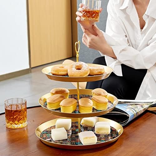 Bolo Stand Conjunto de 3 cupcakes de camada Stands Plates de pastelaria reutilizáveis ​​para decorações de festas de chá de aniversário de casamento, padrão de telha retrô étnica floral étnica