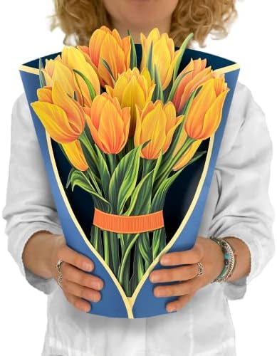 Cartões pop -up de papel fresco, tulipas festivas + tulipas amarelas, conjunto de dois bouquets de pop -up 3D do tamanho de