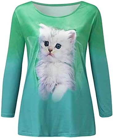 Mulheres fofas gatos estampados gráficos t camisetas de tripulante de pullovers de manga comprida Túnica de túnica casual camiseta