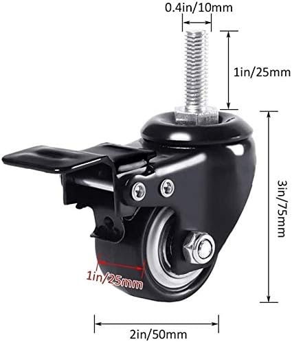 Rodas Zyledw Caster, Trolleynitures de Poliuretano de 4pcs, Mudão Mudo da Roda Boleira, Boleteiros de Bearotamento Double, com Rod M8/M10, para Cadeira de Cadeira de Mesa/4 Freios/50mm/2in