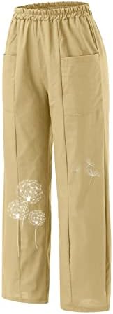 Calças de linho para mulheres casuais de harém de dente -de -leão com calças de sonda de bolso elástico boêmio