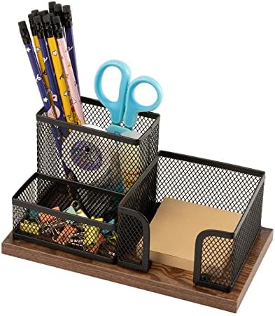 Asifmthot Antique Wood & Mesh Pen Holder Office Supplies Caddy, cestas de armazenamento para acessórios para desktop com portas pegajosas, 3 compartimentos