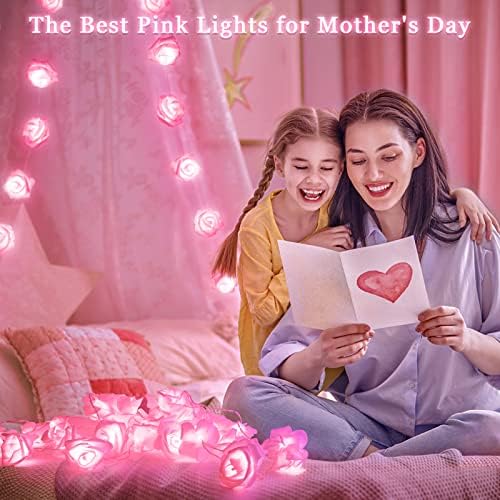 JMEXSUSS MOTHERS DIA ROSE LUZES, 16,4 pés 30 Bateria LED Luzes de cordas de flores para o dia do dia das mães, 8 modos