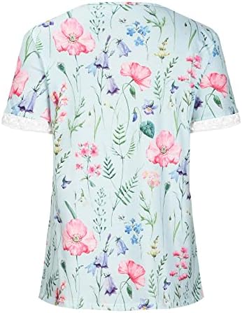 Tops de verão feminino Tops casuais de impressão floral renda folgada v pescoço de manga curta ajuste camisetas diárias soltas