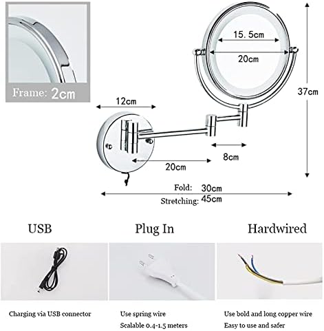 Espelho de maquiagem de LED com luzes e ampliação, espelho de vaidade giratória de 360 ​​° de parede de dupla face cromada com braço extensível, plug -in, 10x