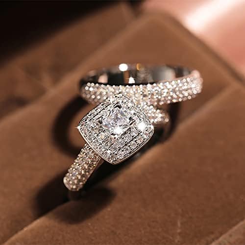 2pcs Conjunto de casal Princess Square Diamond Ring Ring Fashion Luxury noivado Jóias de casamento para mulheres Ring Funky