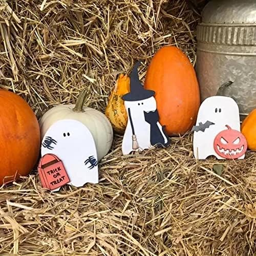 3 peças decoração de halloween decoração de mesa de ghost de madeira decorações de bandeja em camadas, truques ou tratamentos Blocos de placas de doces para exibição de prateleira em casa