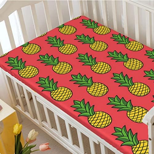 Folha de berço com tema de abacaxi, colchão de berço padrão folhas de berço Ultra Soft Material Baby Lençóis para menina ou menino, 28 “x52”, mostarda verde de coral escuro