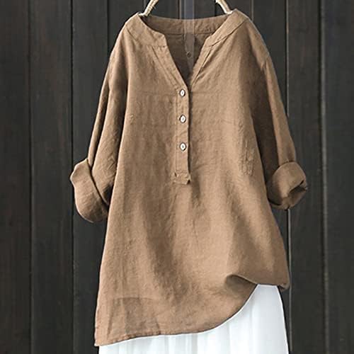 Camisas de linho de algodão feminino Button Button Up Bloups 2023 Summer V pescoço Tops de manga longa/curta Túnica