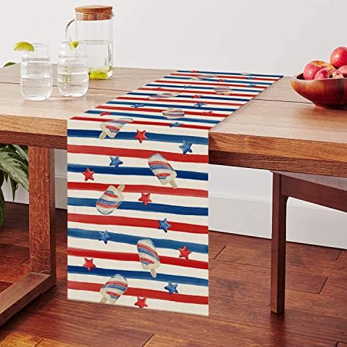 4 de julho de mesa patriótica Runner Popsicle Stars Linen listrado Memorial Day Independence Day Holiday Party Kitchen Dining