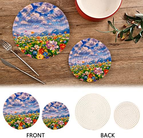 Monet Flowers Painting Trivets para pratos quentes suportes de panela Conjunto de 2 peças almofadas quentes para algodão de cozinha Trivets redondos para vasos quentes e panelas PlacEmats para decoração da cozinha da fazenda