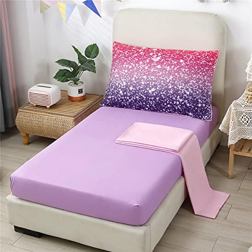 Urbonur 4 peças Cama de cama para garotas Glitter Purple Glitter Toddler Conjunto de consolador, inclua travesseiro reversível de folha de folha de quadra de quadro de edredom