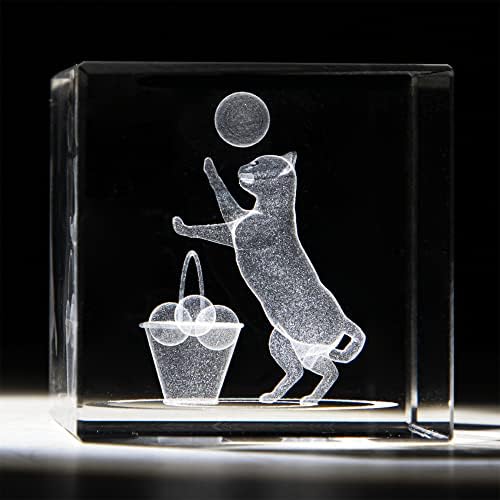 HDCRYSTALGIFTS 3D ARTE DE ARNAMENTO DE PAPELA CRISTAL DE CRISTAL DE CRISTAL 3D, 2 polegadas de cristal cubo de cristal gravura estátua gato tocando escultura de bola presente