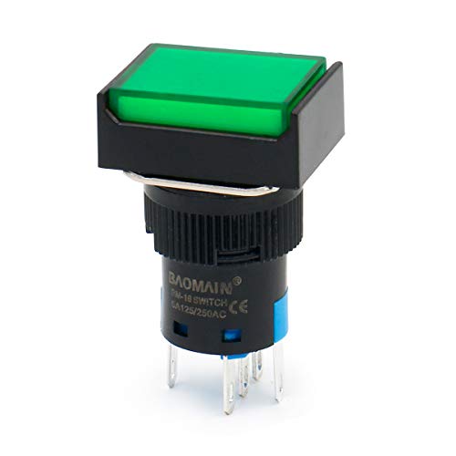 Baomain 5/8 Press botão de 16 mm, lâmpada retangular de tampa retangular LED Green Light DC 12V SPDT 5 PIN PACK de 5