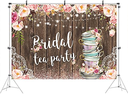 Pano de fundo do chá de noiva Ticuenicoa para fotografia Let's Partea Pink Floral Rustic Tea Party Picture Background Bridal Banner Decorações de festas de casamento Faces de festa de noiva 5x3ft