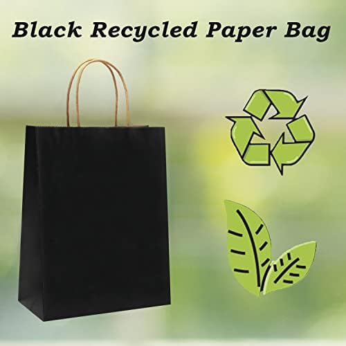 24 Pacote de bolsas de presente de papel preto com alças a granel, 8x10,5x4,25 polegadas sacos de compras artesanais, sacolas