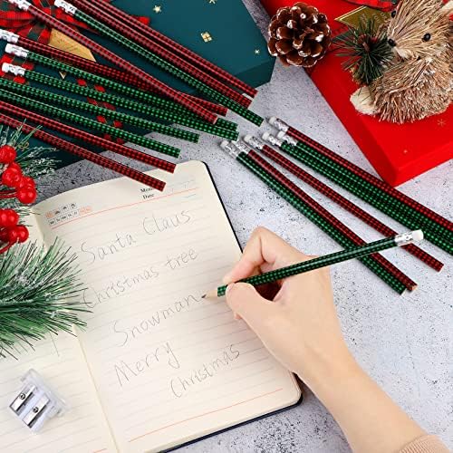 ADXCO 60 peças de Natal Buffalo Plaid Wood Lápis de inverno com borrachas Lápis de Natal para Office School Office Kids Party Supplies
