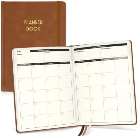 Dunwell Planejador sem data de capa dura-notebook em branco, capa de couro falsa, agenda sem data, seção de definição de metas semanal do mês, blocos diários alinhados, marcadores de fita