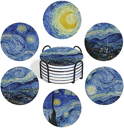 COMSAF DRICAS COLACAS COM TODRADOR, Coasters para bebidas de 6, Van Gogh Pinturas Arte Cases de cerâmica para mesa de café Decoração de casa, verde ， 4 polegadas