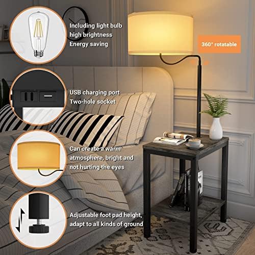 LityMax Floor Lamp com mesa, mesa lateral com lâmpada conectada, porta de carregamento USB e tomada CA, mesa de cabeceira de cabeceira com luz de leitura para sala de estar, quarto, lâmpada incluída, carvalho preto