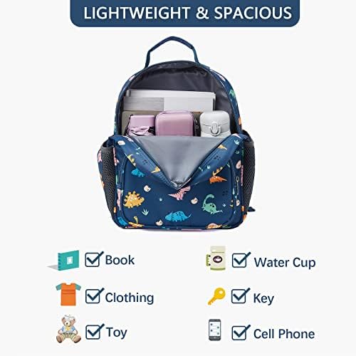 Mochila Telena Kids para meninos meninas, Backpack de pré -escola resistente à água fofo com tiras acolchoadas ajustáveis, dinossauros azuis escuros