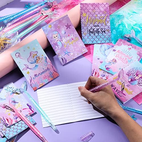 24 PCS Mermaid Pen and Notebook 5 polegadas 12 BOTOS DE MERRES ANIMENTAÇÕES DE MENHA CARTOS 12 Mermaid Black Pen para decorações de aniversário de sereia, material escolar para meninas infantis, presentes de festa com temas do oceano marinho