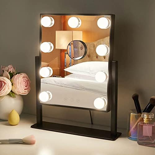 Espelho de vaidade hompoem com luzes, espelho de vaidade iluminada com 9 lâmpadas diminuídas para camarim e quarto, 3 iluminação colorida, modos destacáveis ​​10x ampliação de 360 ​​°