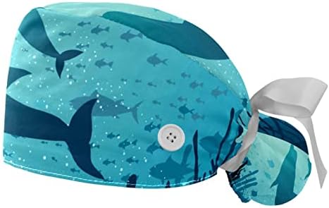 2pcs Capinha de trabalho com fita de botão Back Back Blue Ocean Whale Patteril Ponytail Bolsa Chapéus para Mulheres