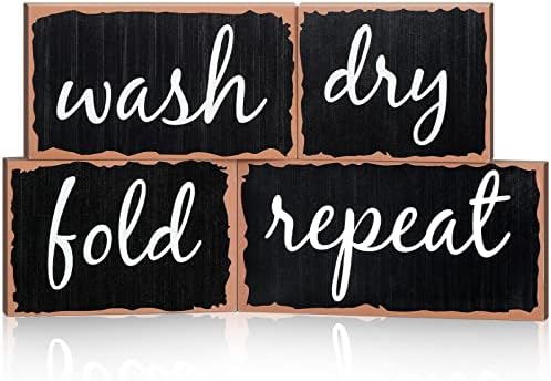 Lavanderia decoração de lavanderia sinal de madeira sinal engraçado lavagem dobrável seco repetir mini sinais de 4 placa de parede