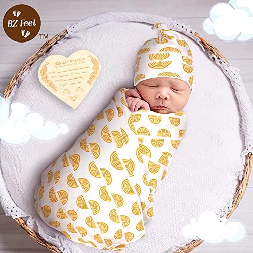 Rainbow Baby Blanket Conjunto - Organic Muslin Baby Blanket | Cobertores de bebê neutro de gênero também Corredor de carrinho - Inclui 1 manta de bebê boho | 1 chapéu de bebê | 1 faixa para a cabeça e 1 cartão de anúncio de madeira