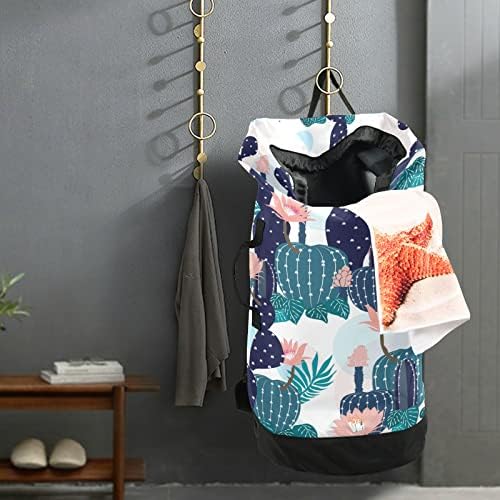 Cactus Flowers Laundry Backpack Dirty Clothes Organizer com cinta e alças laváveis ​​para o Camp Dorm Laundromat Essentials