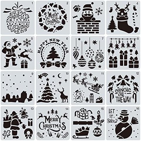 16 peças Estêncil de Natal - Modelos de desenho de pintura para o Natal, estênceis de desenho reutilizáveis, neve, Papai Noel, árvore, alces, boneco de neve, pintura em tela, madeira, parede, janela, piso