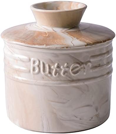 Yundu Grey Marble Porcelain Butter Keeper Crock, prato de manteiga com tampa, recipiente de armazenamento de manteiga francesa para cozinha
