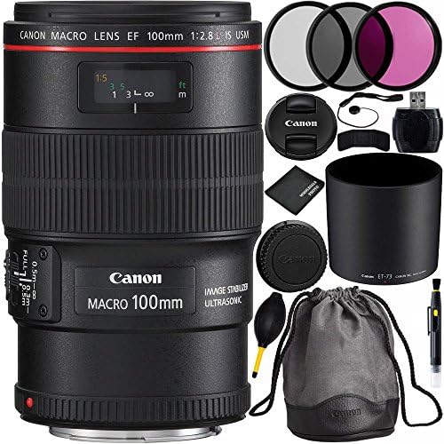 Canon EF 100mm f/2.8L macro é um pacote de lentes USM com acessórios e kit de acessórios para fabricantes para EOS 7D Mark II, 7d, 80d, 70d, 60d, 50d, 40d, 30d, 20d, rebelde t6s, t6i, t5i, t4i, sl1 , T3i, T6, T5