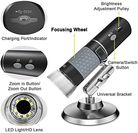 Bysameyee 4k 3840x2160p Microscópio digital sem fio, câmera de inspeção de microscópio portátil HD HD Endoscópio 40x-1000x ampliação,