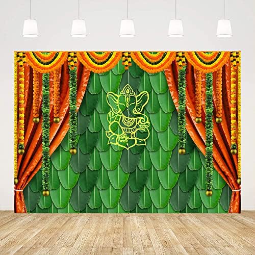 Ticuenicoa 7x5ft Índia pooja fotografia tradicional cenário de banana folha verde chatiya ganesh background puja ganpati pooja mehndi cenários decorações de festas de casamento carigold garlands aps adereços de fotos adereços