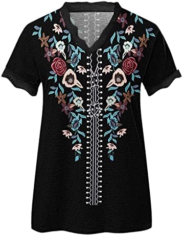 Tops e camisetas femininas soltas T LACE CASual Tops Blusa de verão V Lado das mulheres elegante camiseta estampada camiseta floral