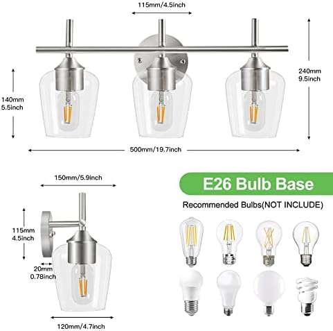 Luminárias de banheiro luminárias de 3 luzes de níquel de níquel de níquel leve com tonalidade de vidro transparente, luzes de