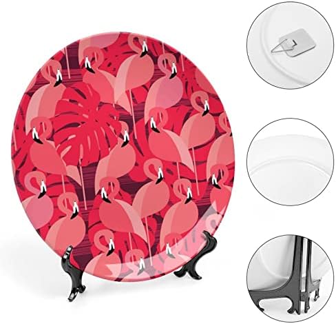 Flamingos rosa com folhas de palmeira Placa decorativa vintage de osso porcelana com exibição Stand Plate Plate Gift Home