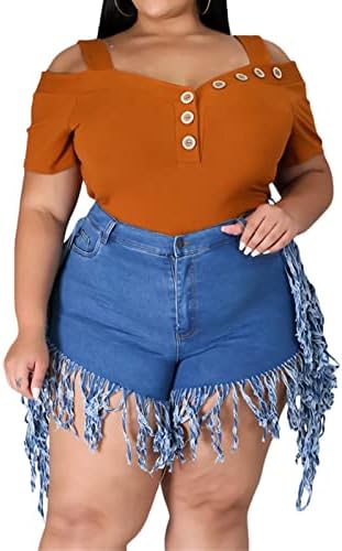 Jeke-dg feminino plus size binge hem shorts de jeans de alta cintura alta bainha elástica jeans de jeans de jeans curto