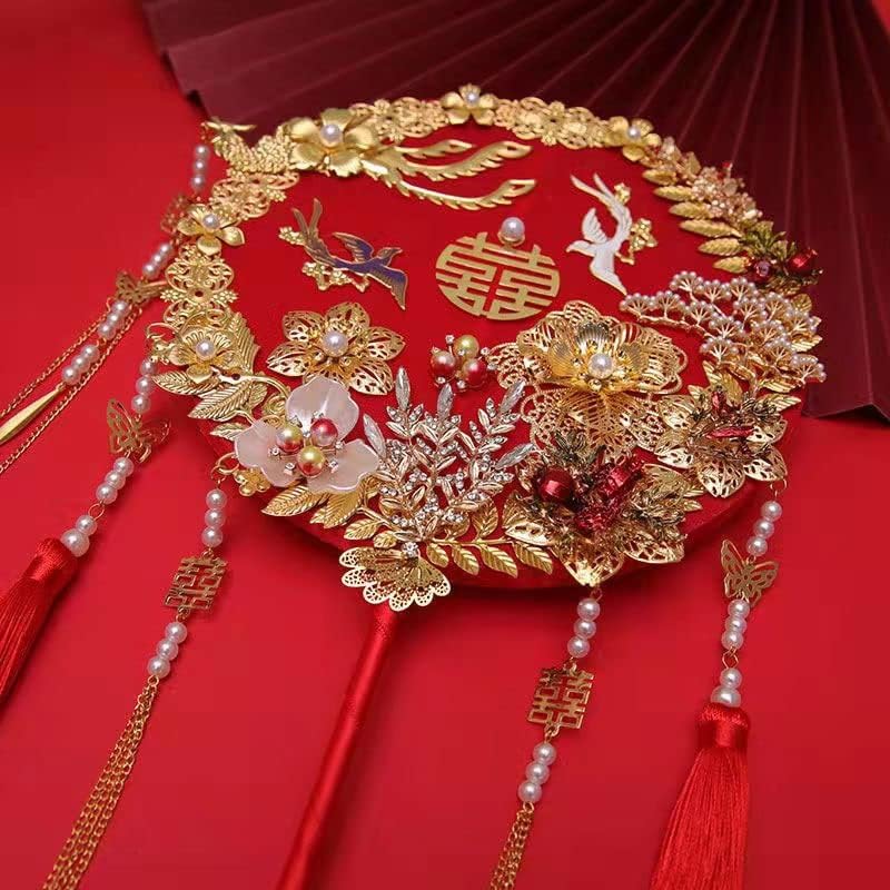 Yfsdx vintage lindo fã de mão de noiva chinês segurando a phoenix redonda feita à mão com fã de buquê de casamento