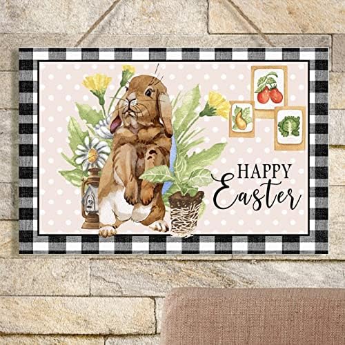 Swavecat Feliz Páscoa Primavera Flor Bunny Wooden Sinais de placas cinza búfalo xadrez rosa rosa Rabbit Wood Place Art Sign Spring Greetings