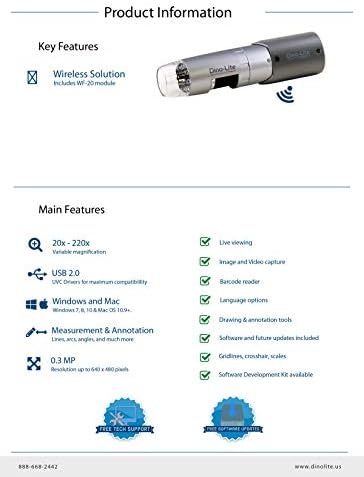 DINO -LITE sem fio + microscópio digital USB WF3113T - 0,3MP, 10X - 50X, 230X Magnificação óptica, medição,