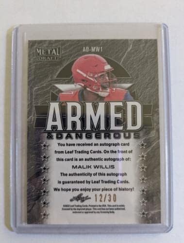 Malik Willis Auto 2022 Leaf Metal Football Armado Dangerous # 12/30 - Bolsas de futebol autografadas