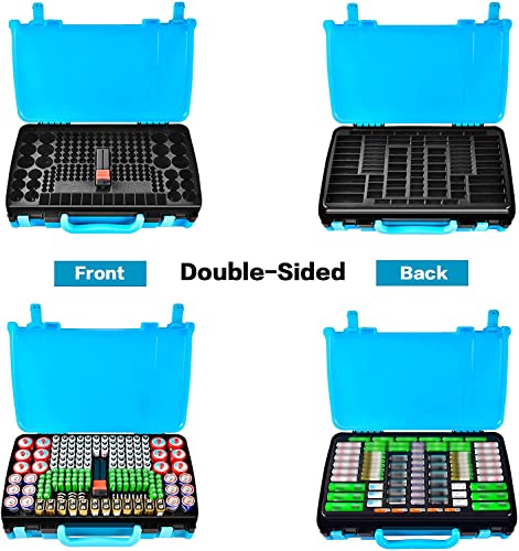 Caixa de caixa do organizador de bateria Fullcase com testador, baterias de dupla face se encaixa em 269 contêiner de caddy aaaa aaaa 3a 4a 9v c d lítio 23a 4lr44 cr123a cr1632 cr2032 - azul