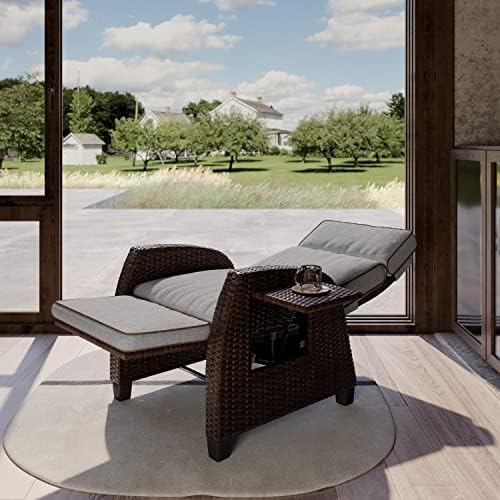 Grand Patio Indoor & Outdoor Moor Reclinner Pequina PE Wicker com Mesa Flip Push Back Reclining Lounge Chair, Cinza Cool